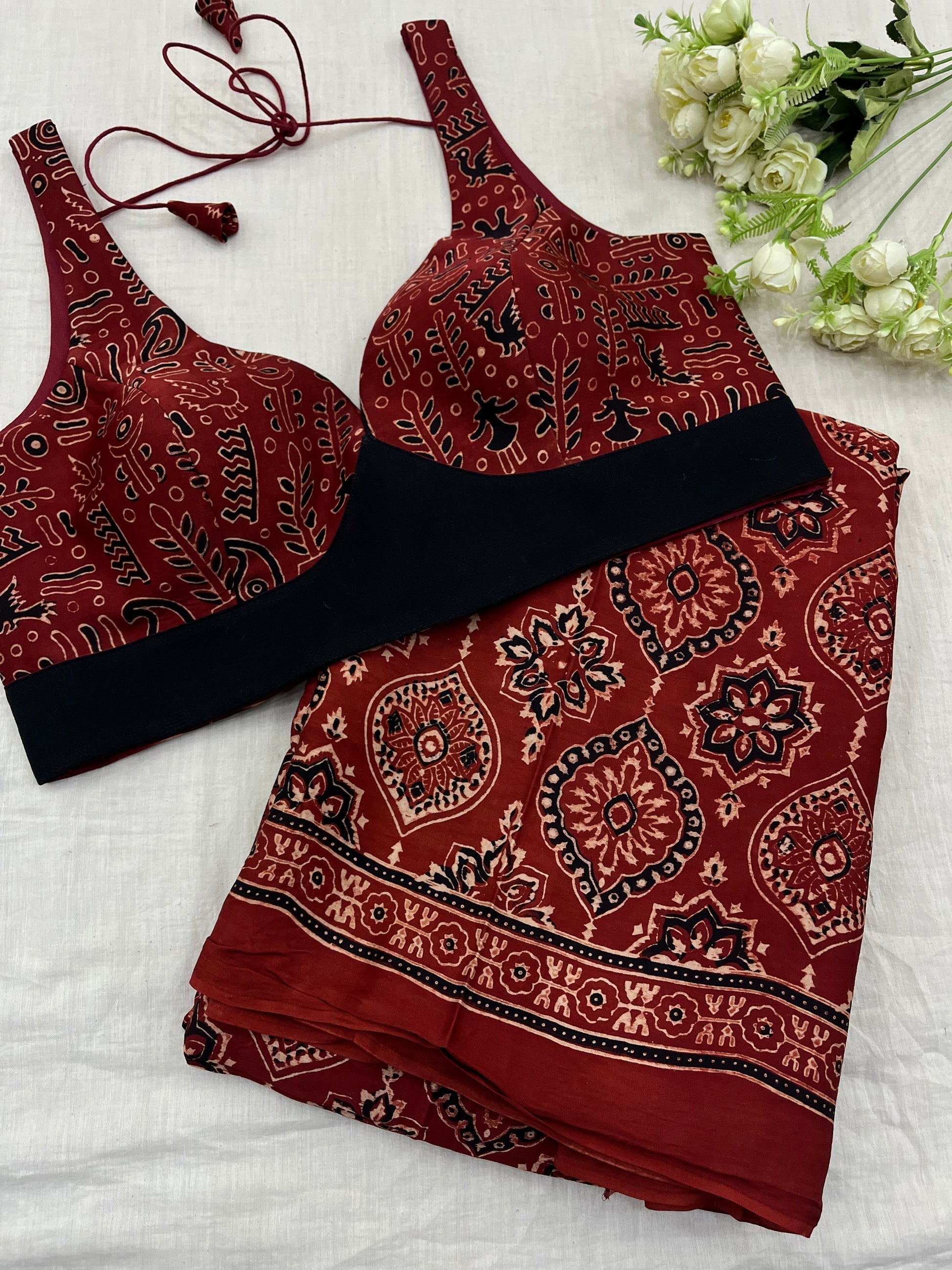 MAROON AJRAKH SAREE WITH UNSTITCHED BLOUSE PCS