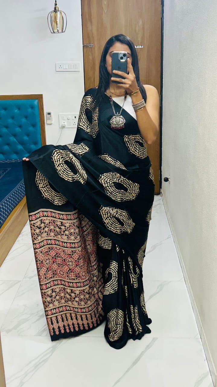 BLACK COLOR AJRAKH SAREE.