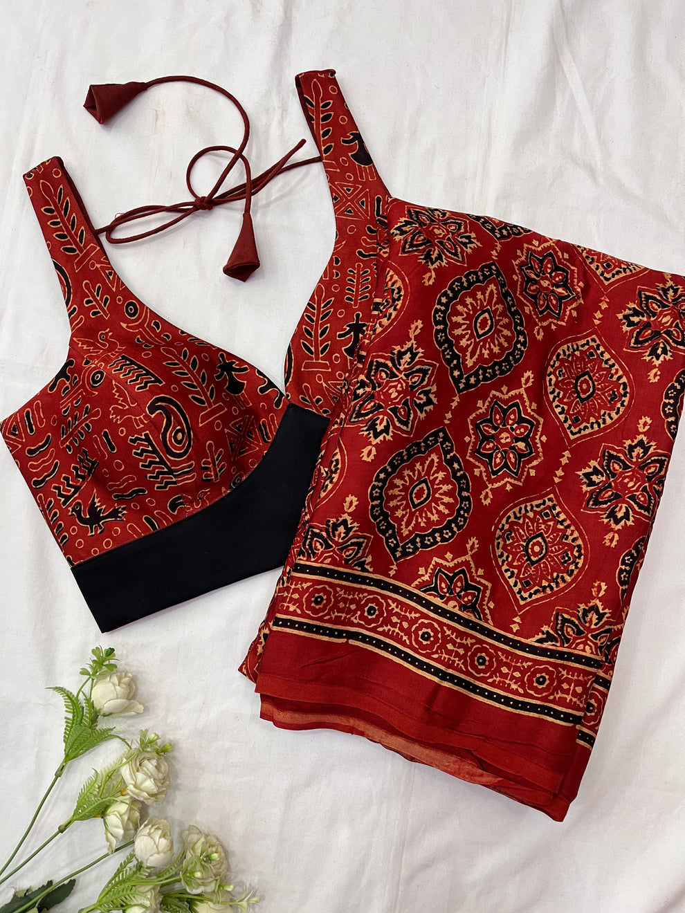 RED AJRAKH SAREE WITH UNSTITCHED BLOUSE PCS