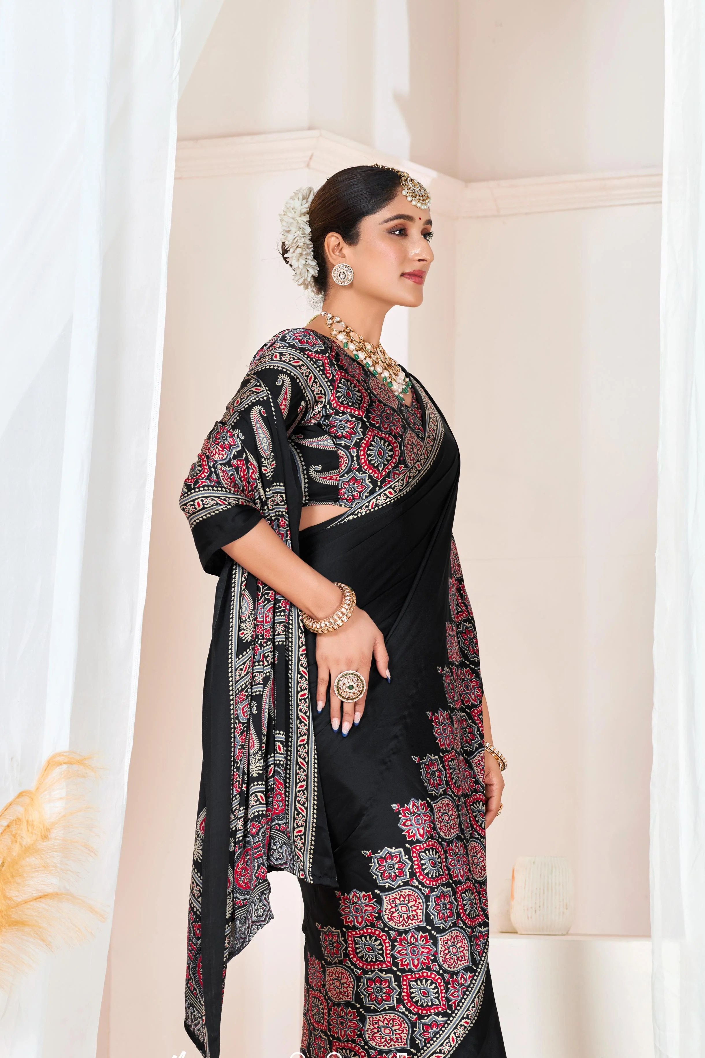 BLACK HALF BORDER AJRAKH SAREE.