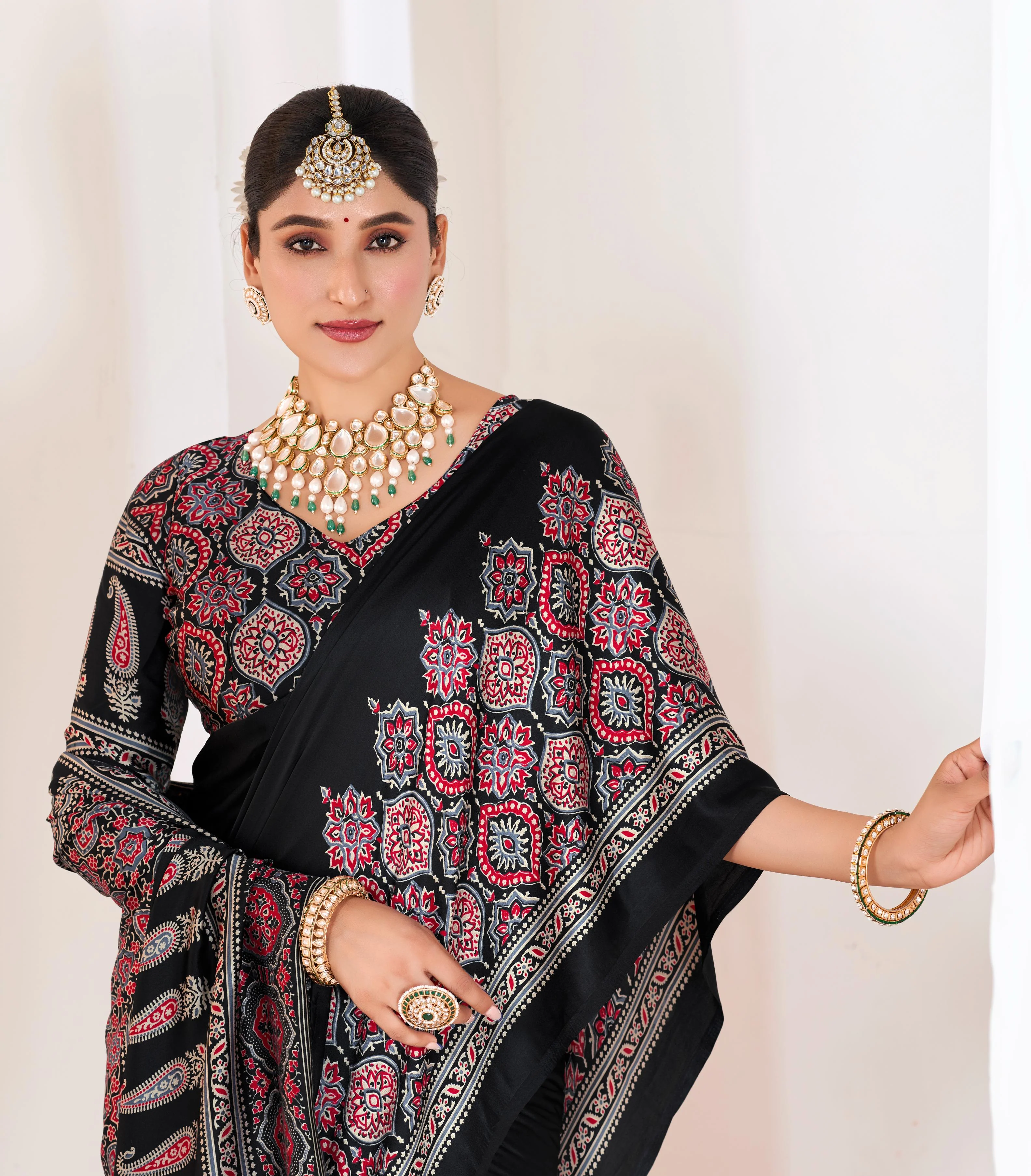 BLACK HALF BORDER AJRAKH SAREE.