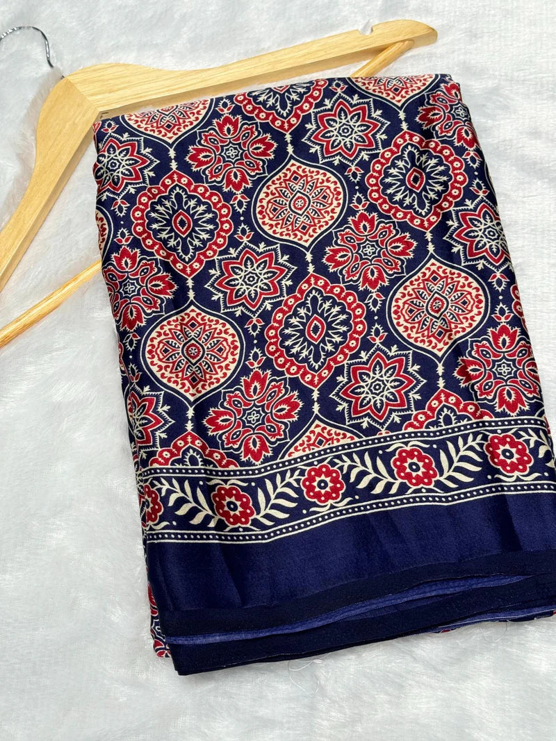 BLUE COLOR AJRAKH SAREE.