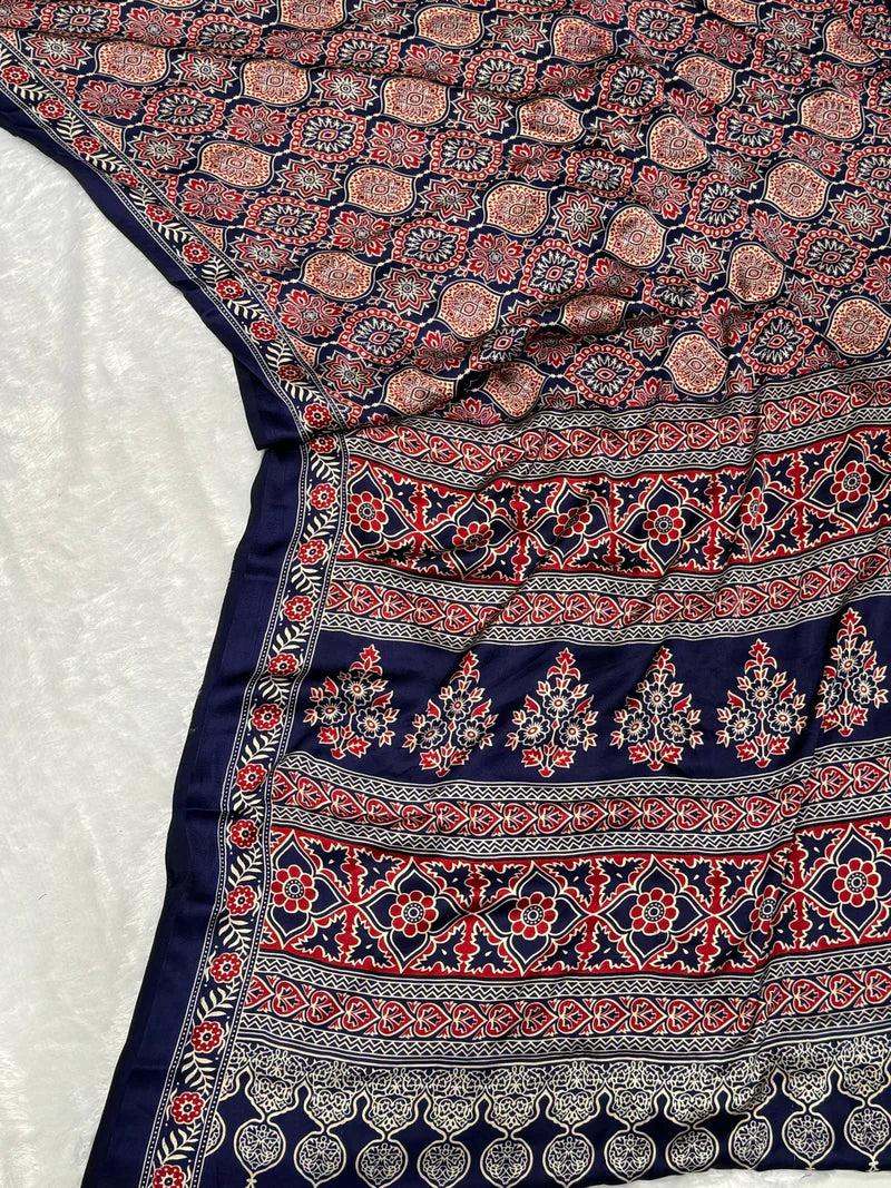 BLUE COLOR AJRAKH SAREE.