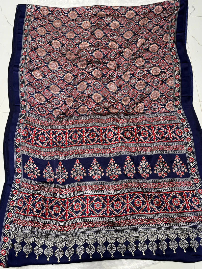BLUE COLOR AJRAKH SAREE.