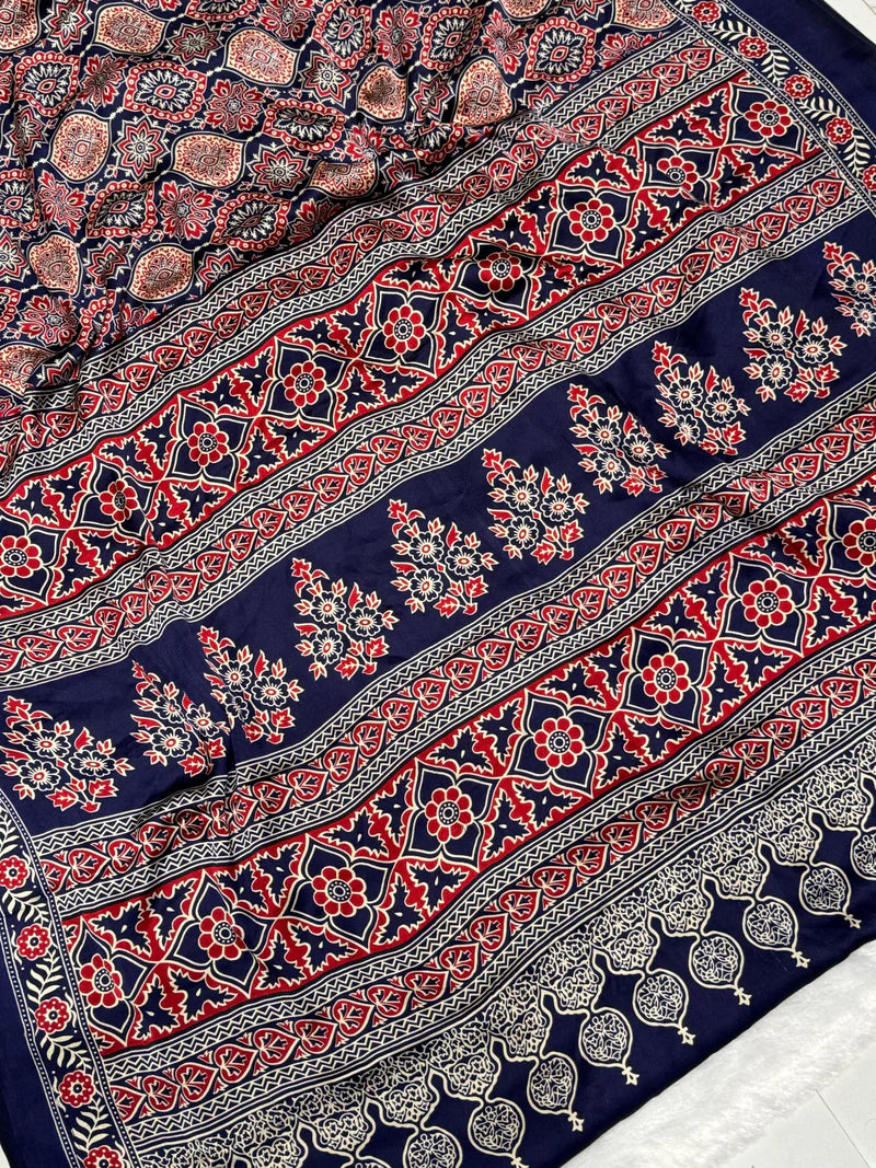 BLUE COLOR AJRAKH SAREE.