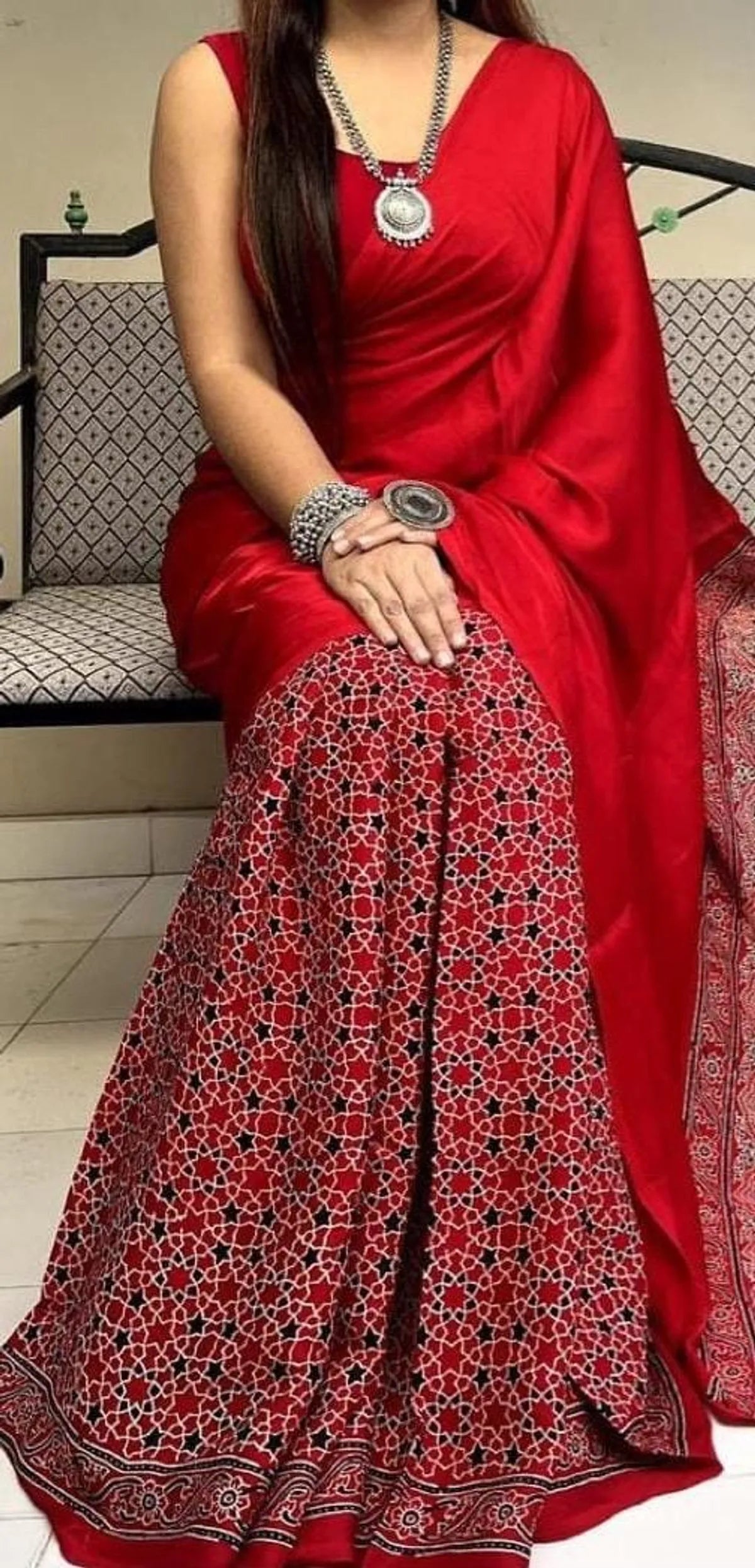 RED COLOR AJRAKH PALLU SAREE