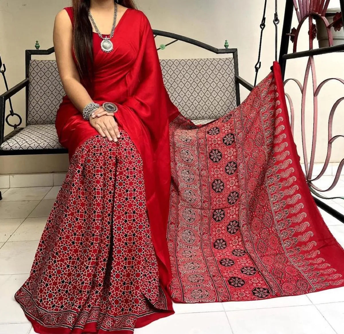 RED COLOR AJRAKH PALLU SAREE