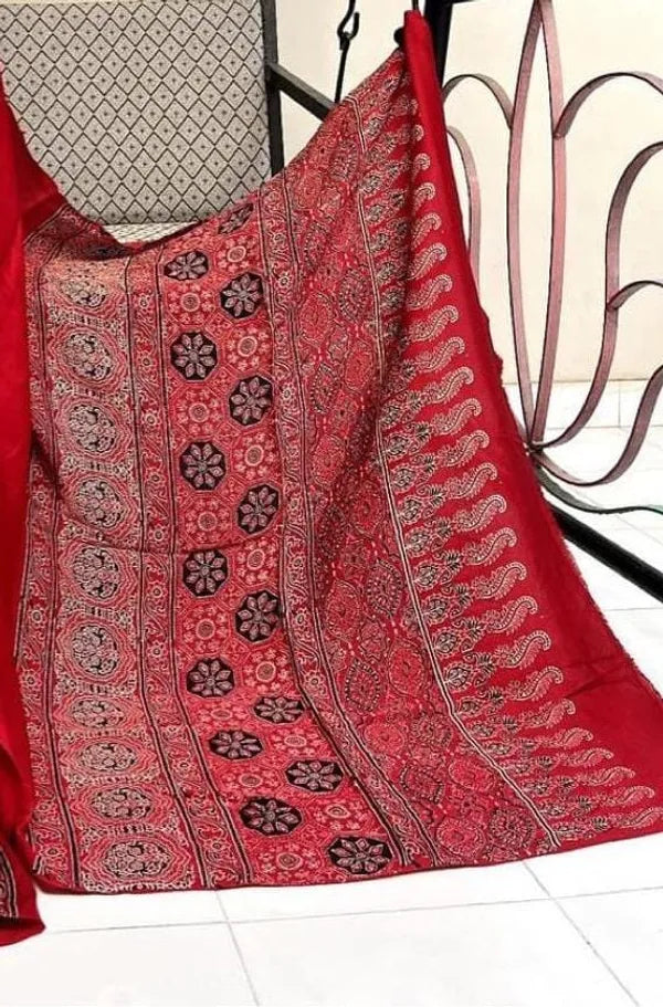 RED COLOR AJRAKH PALLU SAREE