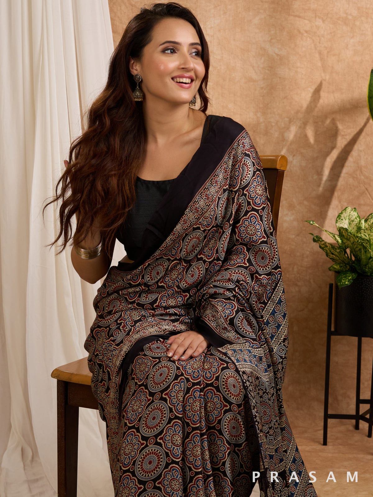 BLACK COLOR AJRAKH SAREE.