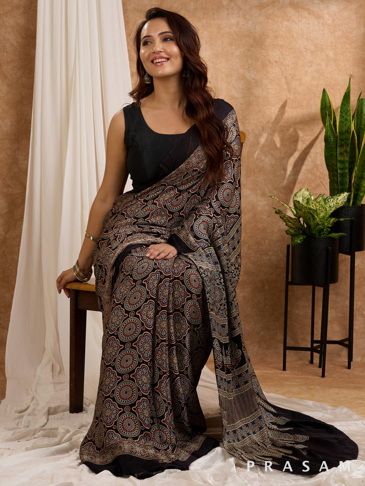 BLACK COLOR AJRAKH SAREE.