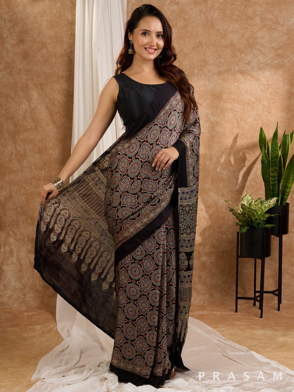 BLACK COLOR AJRAKH SAREE.