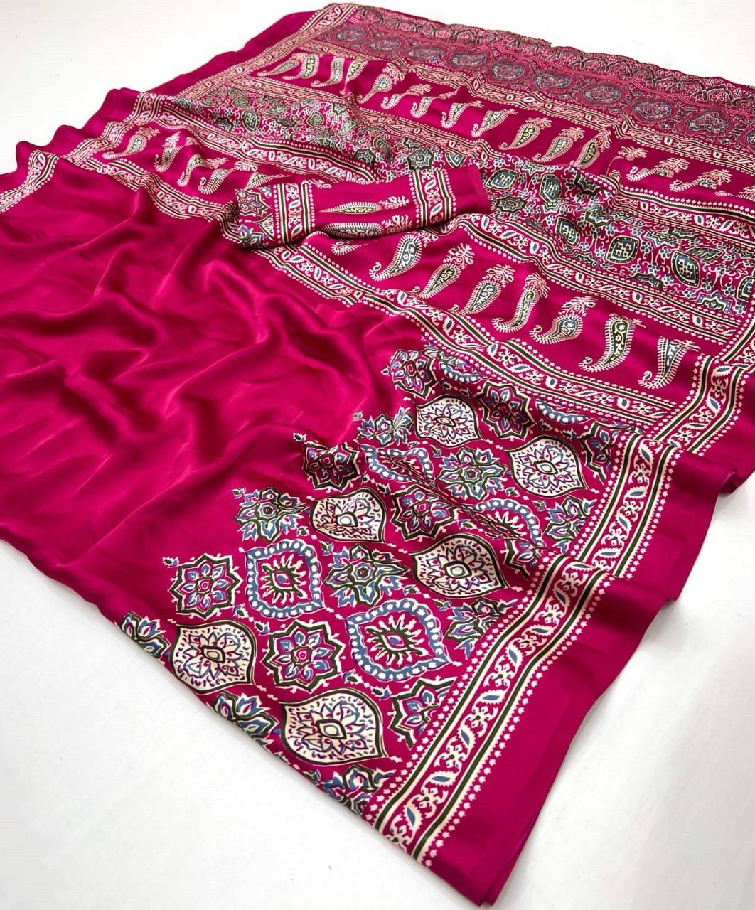 PINK HALF BORDER AJRAKH SAREE.