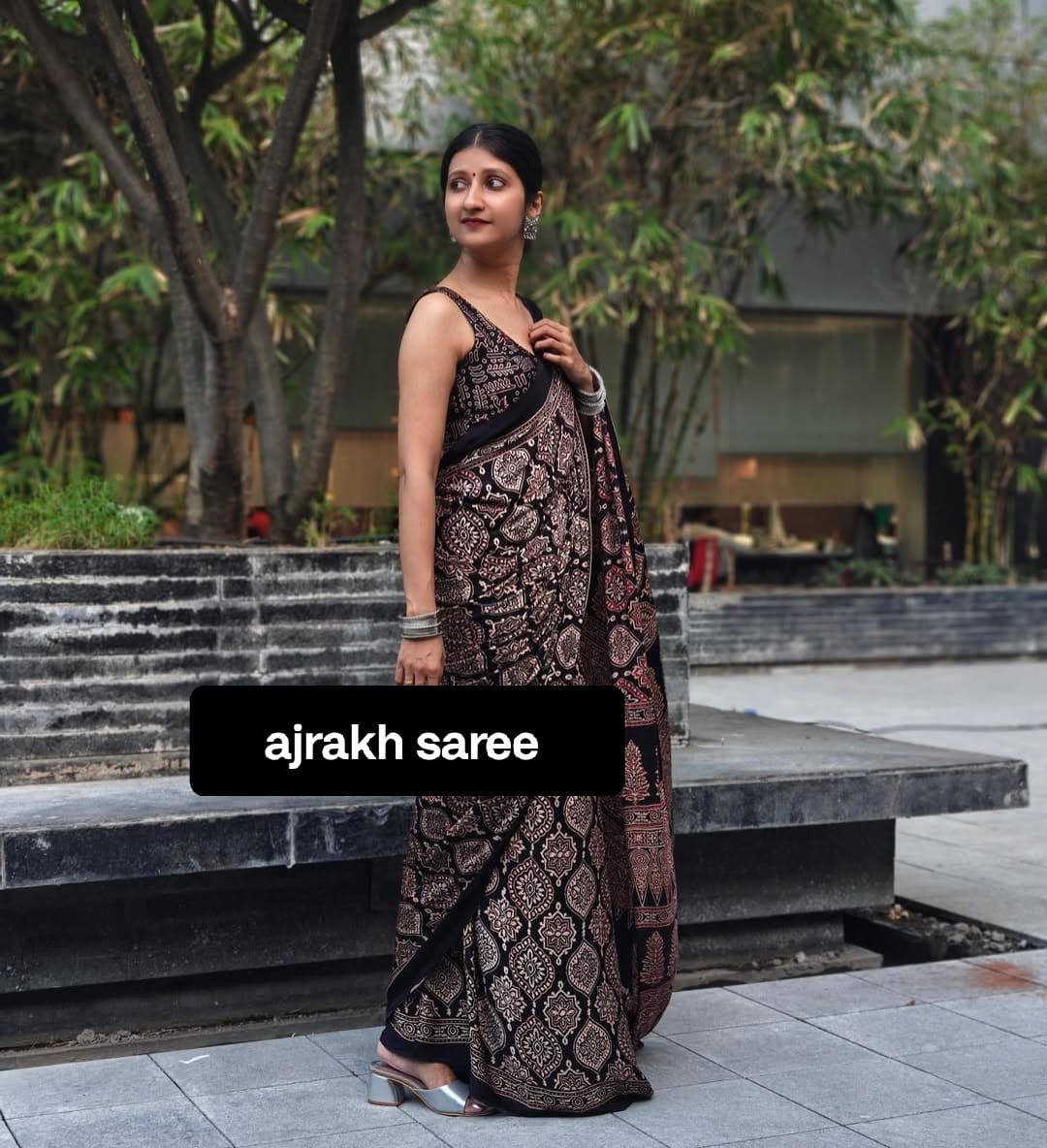 BLACK AJRAKH SAREE WITH UNSTITCHED BLOUSE PCS.