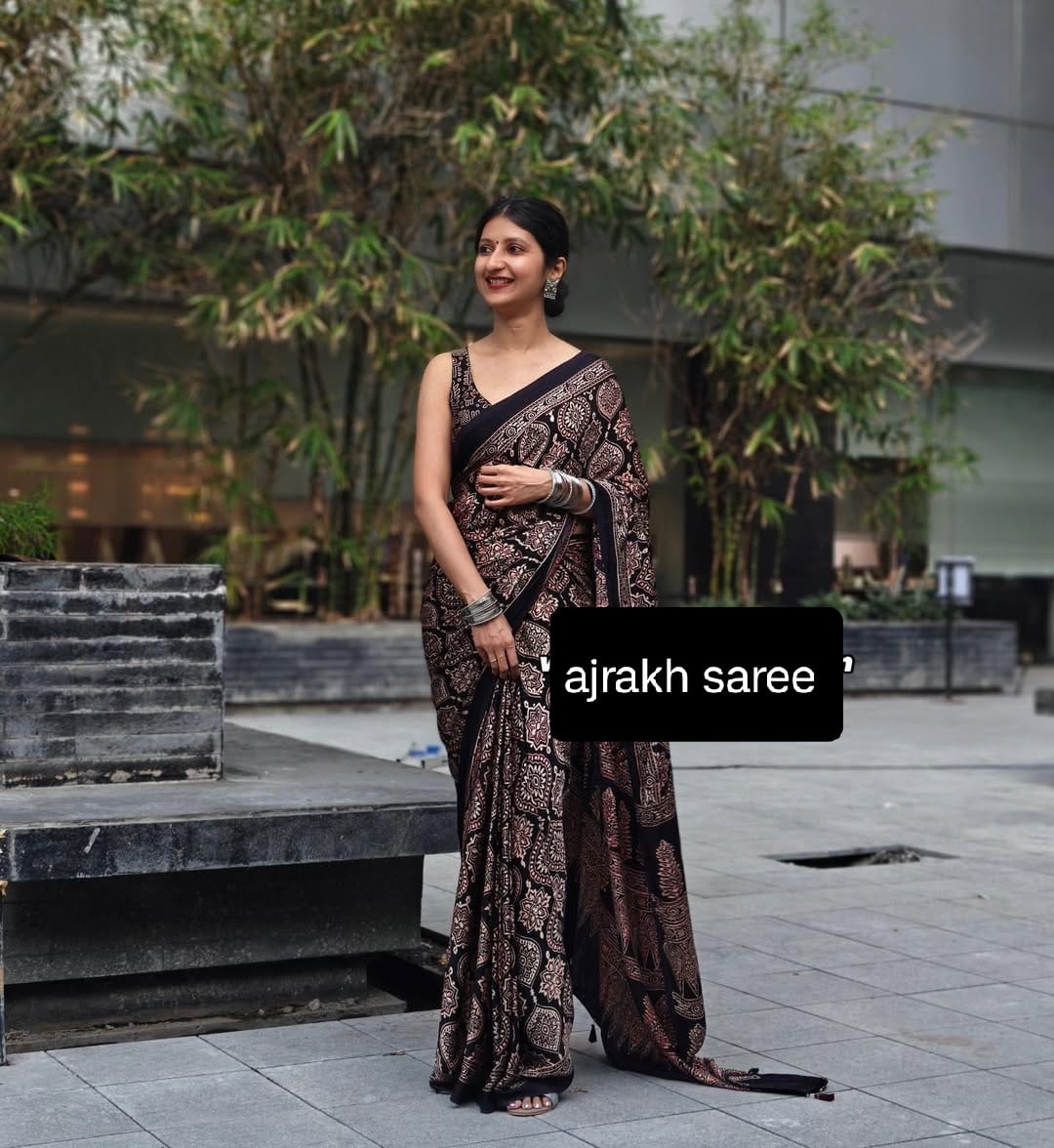 BLACK AJRAKH SAREE WITH UNSTITCHED BLOUSE PCS.