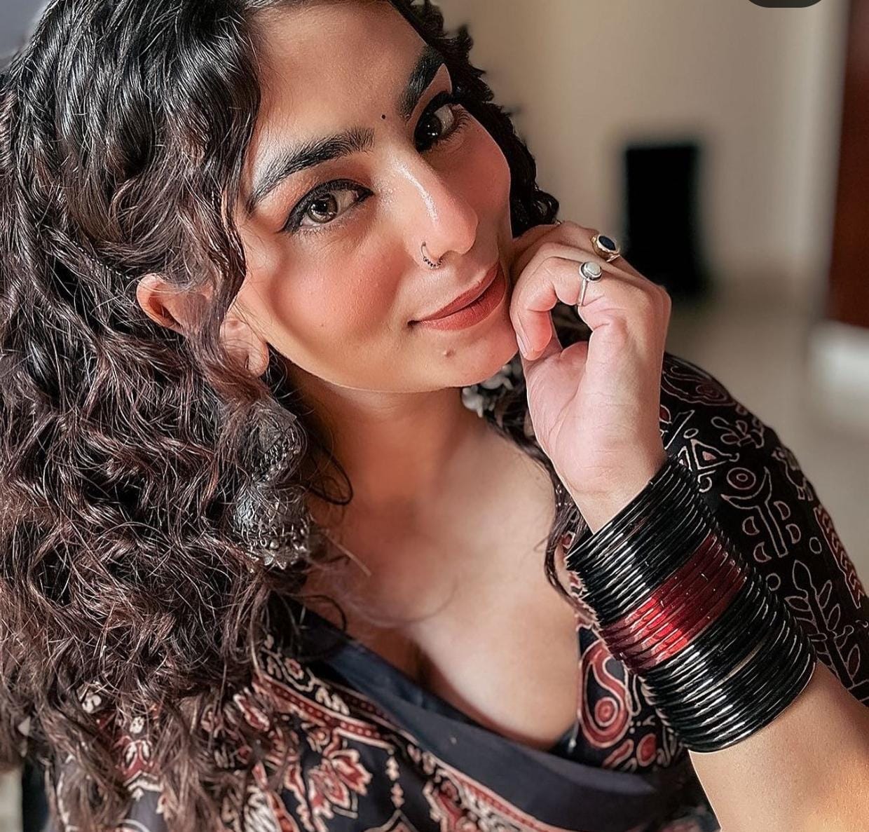 BLACK AJRAKH SAREE WITH UNSTITCHED BLOUSE PCS.