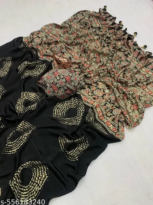 BLACK COLOR AJRAKH SAREE.