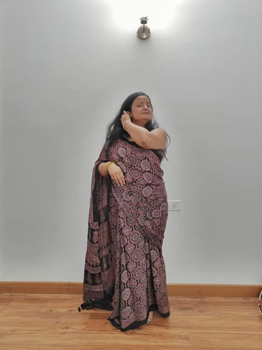 BLACK AJRAKH SAREE WITH UNSTITCHED BLOUSE PCS.