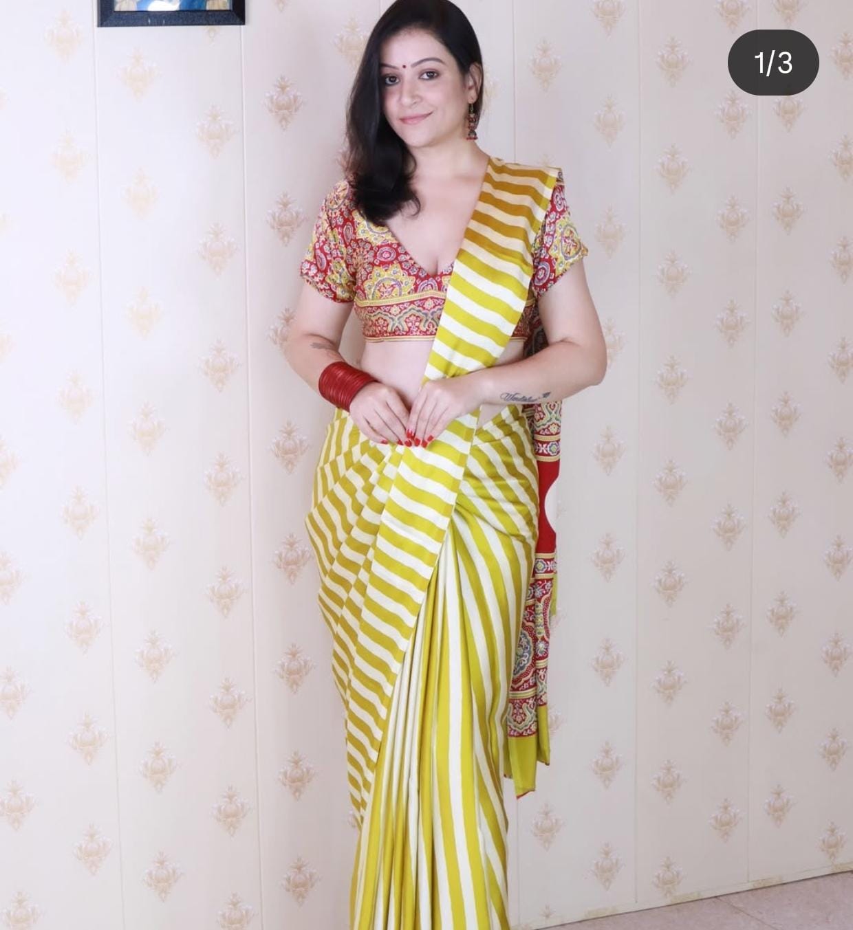 Lime yellow And off-white ajrakh pallu saree