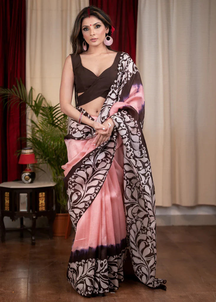 BABY PINK WITH BLACK AND WHITE APLAM SAREE