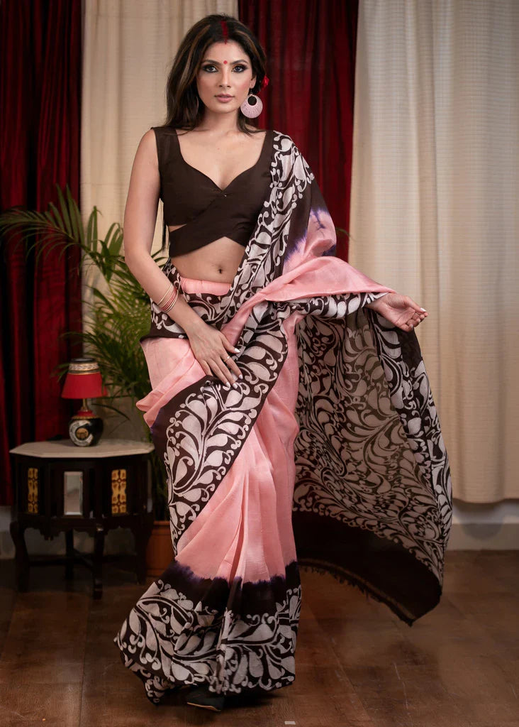 BABY PINK WITH BLACK AND WHITE APLAM SAREE