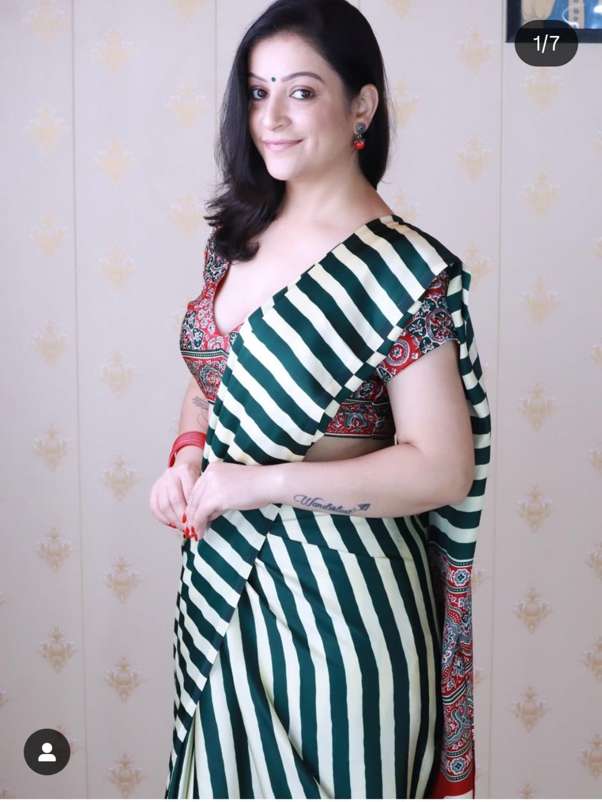 Darkgreen And off-white ajrakh pallu saree