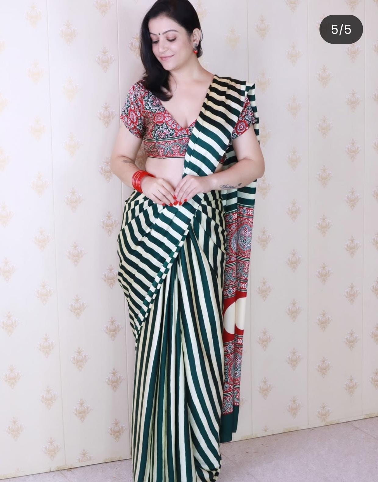 Darkgreen And off-white ajrakh pallu saree