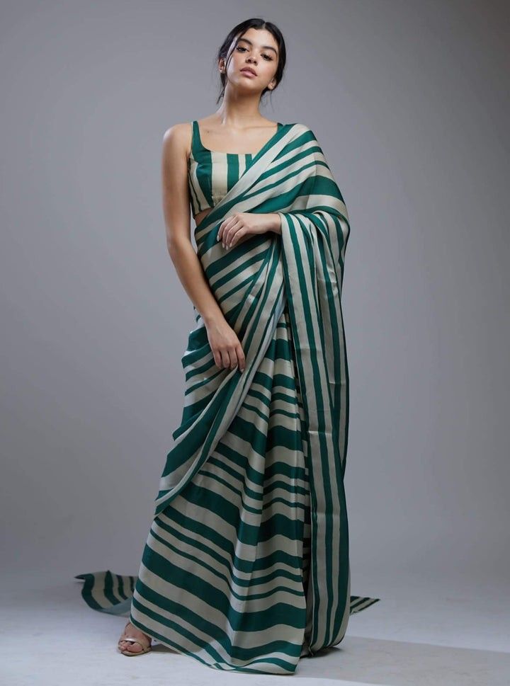 GREEN AND OFF-WHITE LINENING SAREE