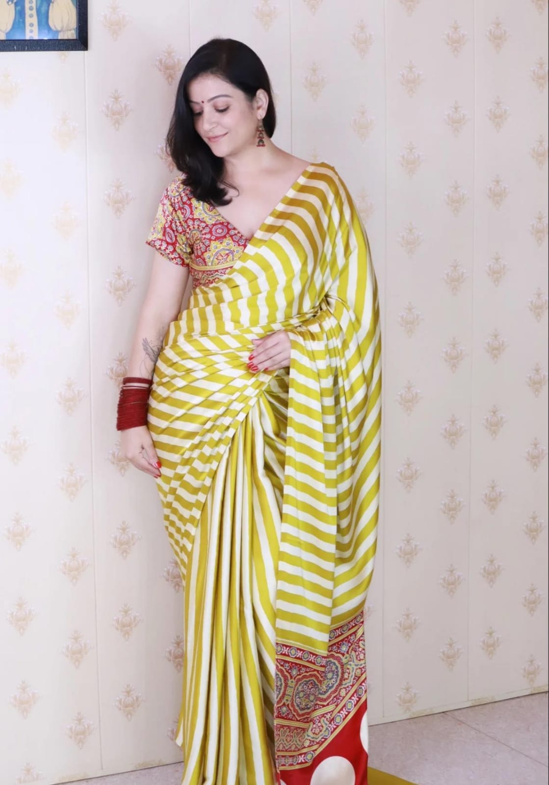 Lime yellow And off-white ajrakh pallu saree